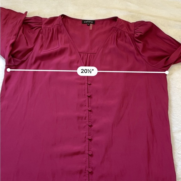 1.State Dark Red Satin Blouse Size L V-Neck Button Front 3/4 Sleeve - Picture 4 of 8